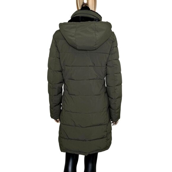 Andrew Marc Olive Green Stretch Puffer Jacket Faux Fur Hood Small - Picture 3 of 12